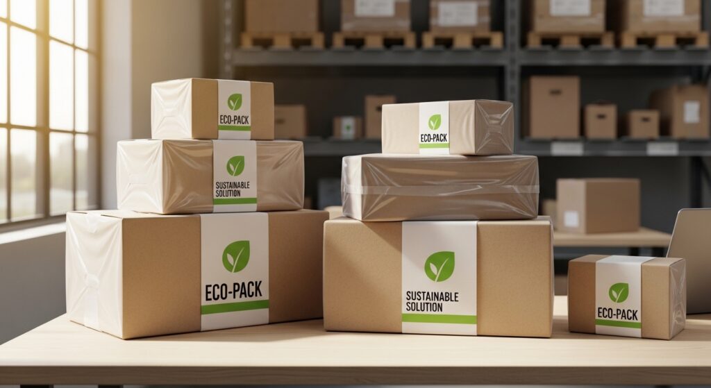 Pacotes de e-commerce em embalagens sustentáveis de biopolímero em mesa de madeira