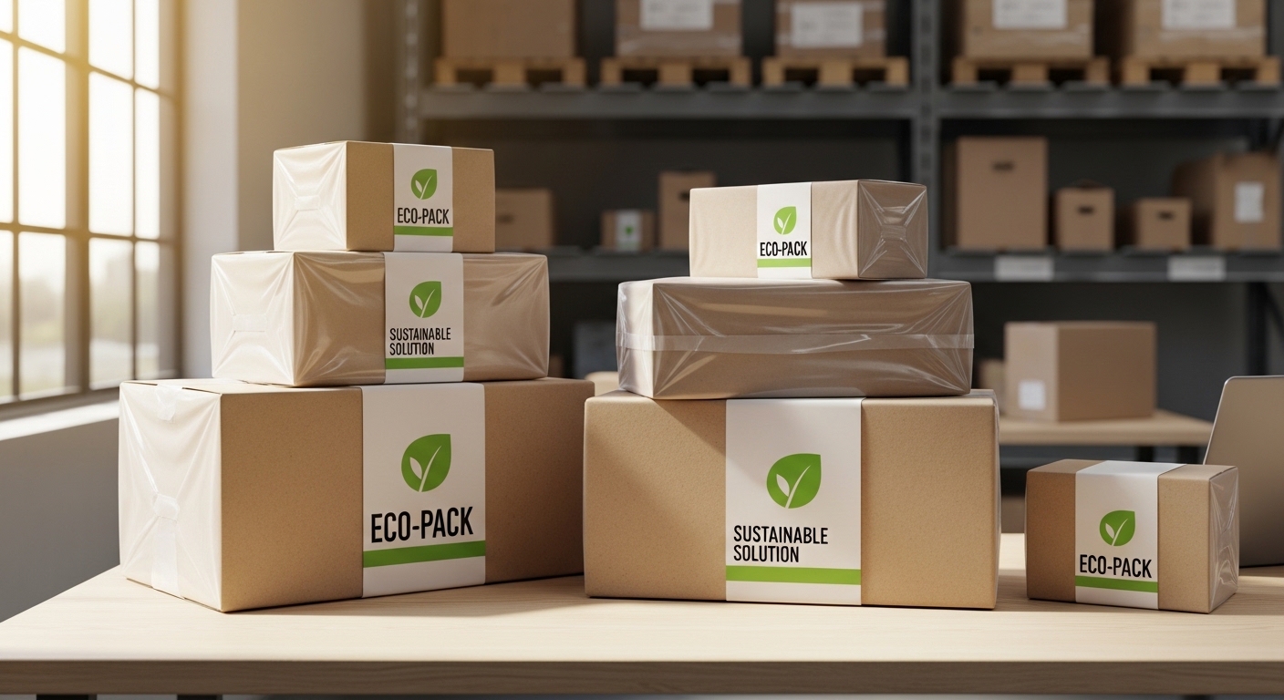 Pacotes de e-commerce em embalagens sustentáveis de biopolímero em mesa de madeira