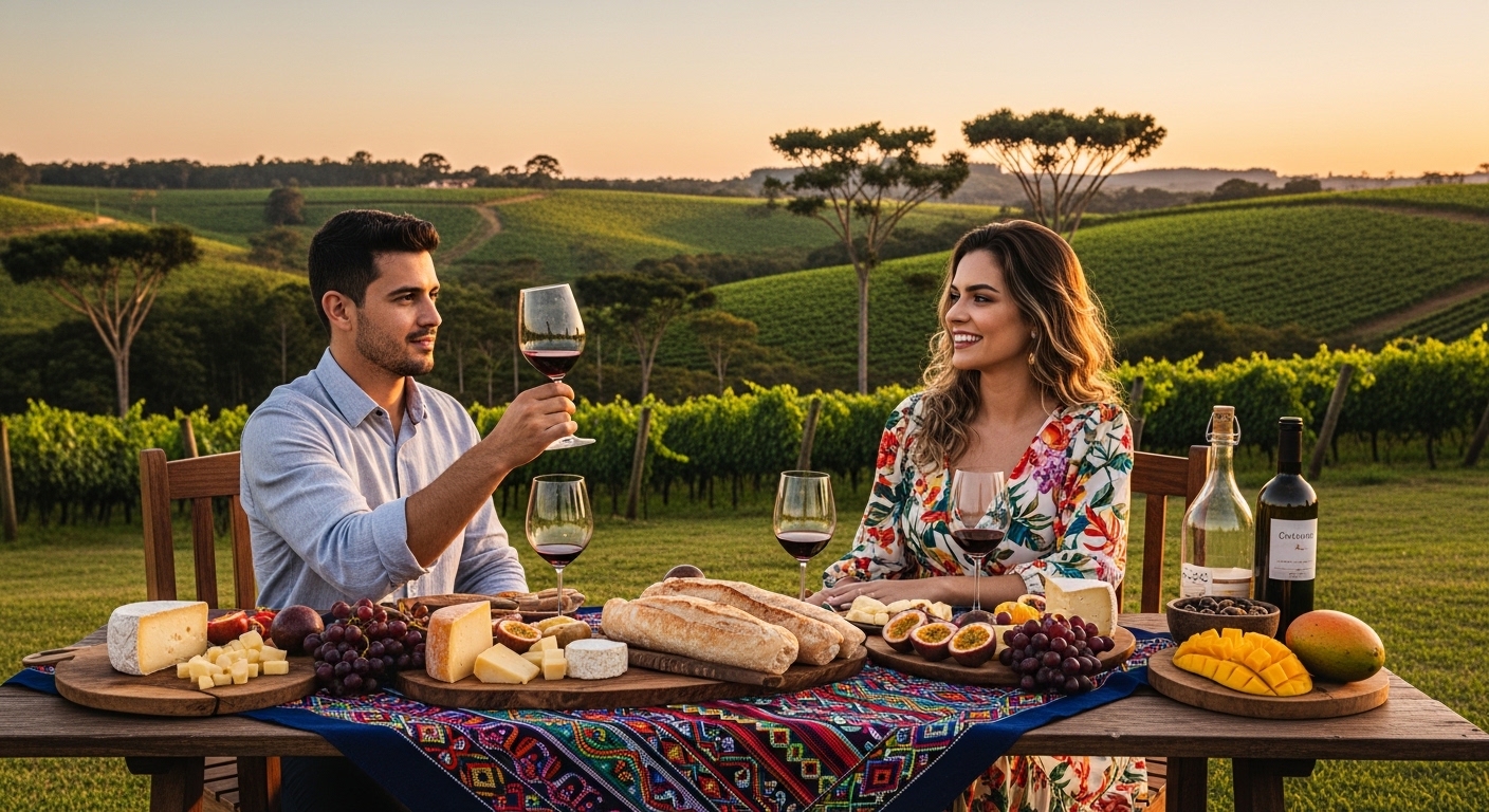 Casal degustando vinho em vinícola brasileira ao pôr do sol