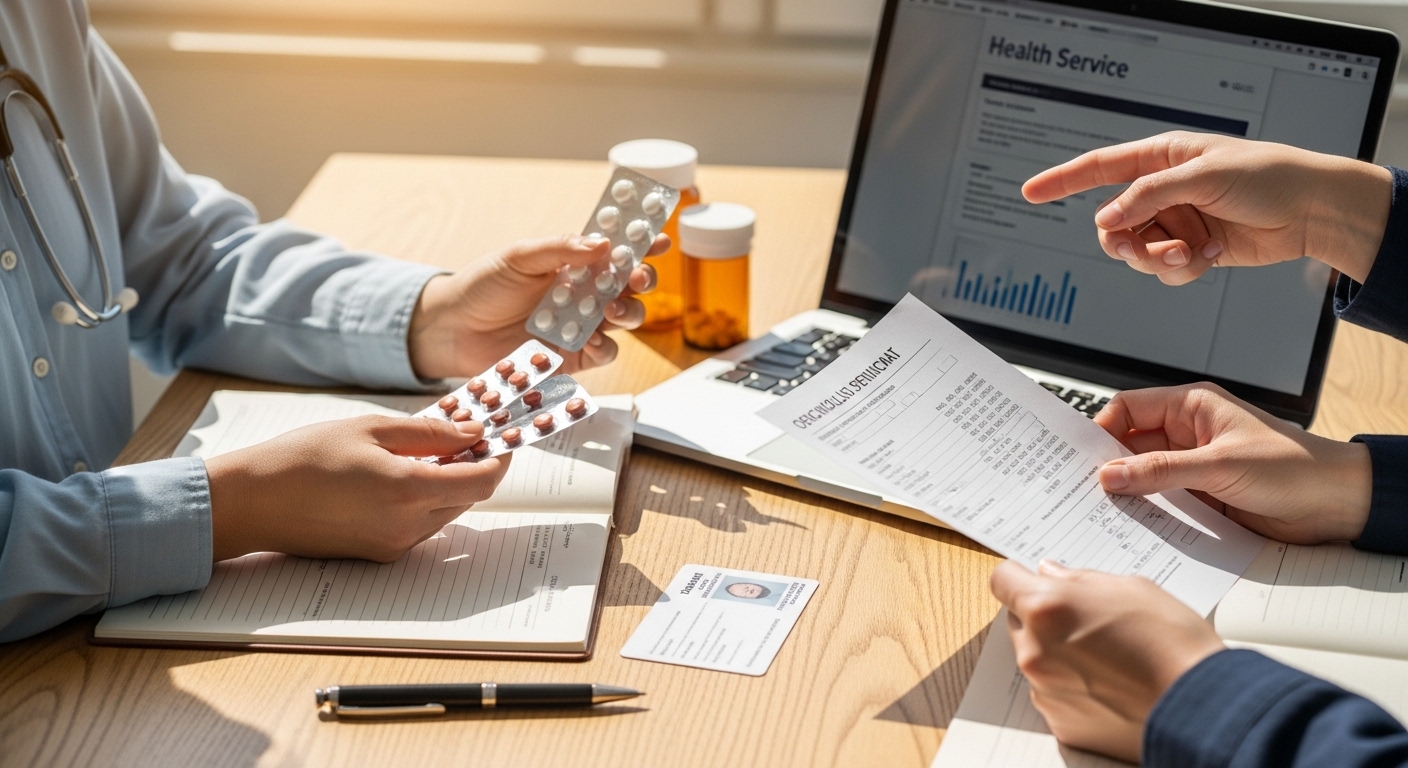 Mãos de paciente e cuidador organizando medicamentos e documentos de tratamento sobre mesa