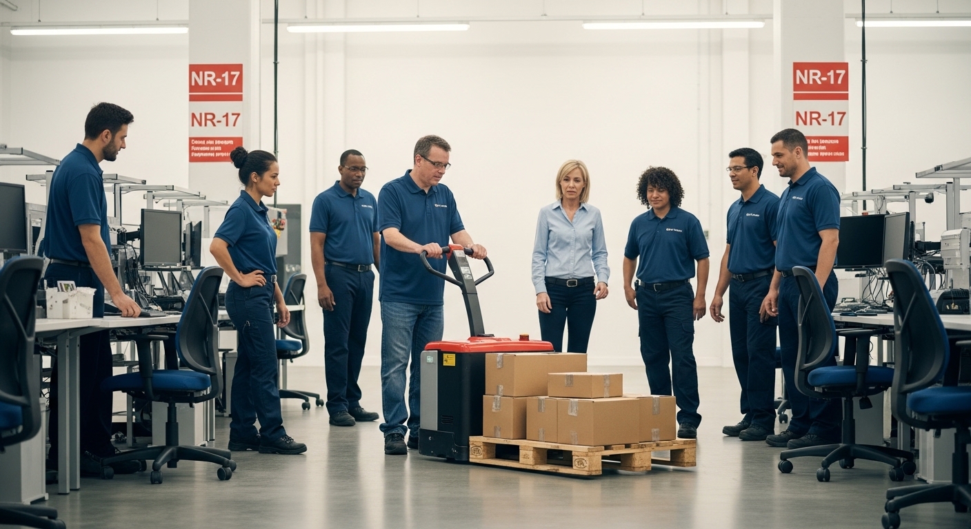 Operador PCD usando paleteira elétrica em armazém inclusivo