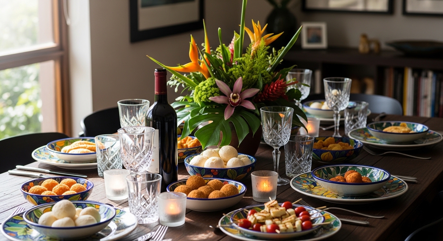 Mesa de jantar em casa para encontro com petiscos e vinho