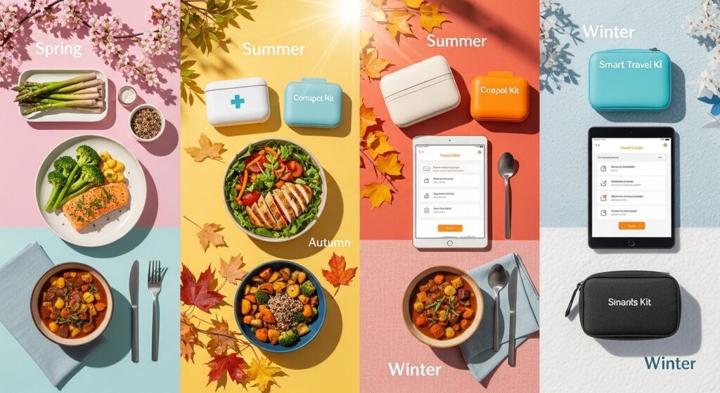 Itens de bem-estar sazonal: refeições, kit médico, checklist de viagem e cenários das quatro estações
