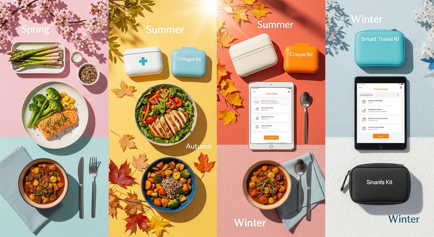Itens de bem-estar sazonal: refeições, kit médico, checklist de viagem e cenários das quatro estações