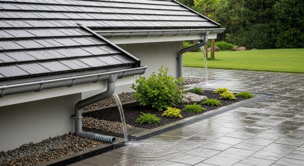 Casa com soluções de drenagem externa durante chuva intensa