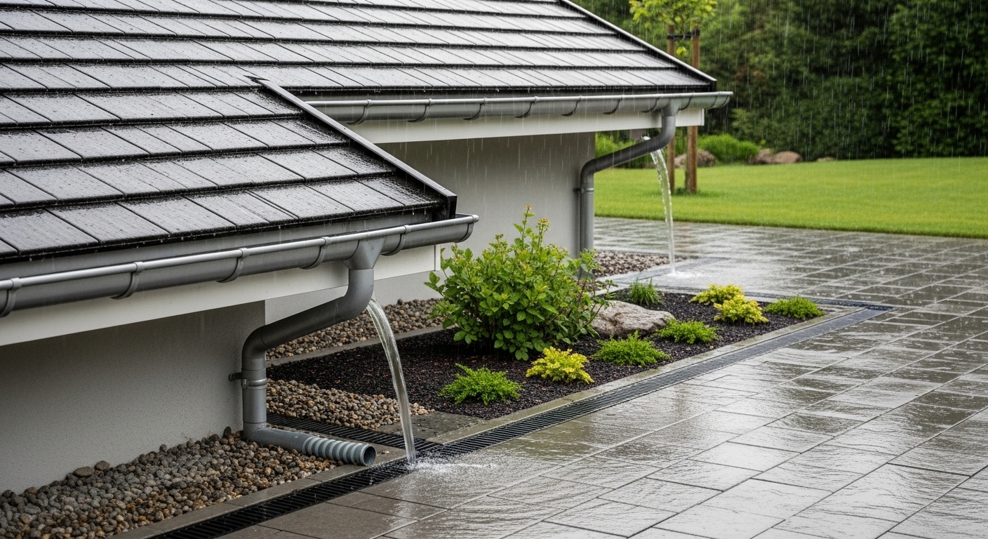 Casa com soluções de drenagem externa durante chuva intensa
