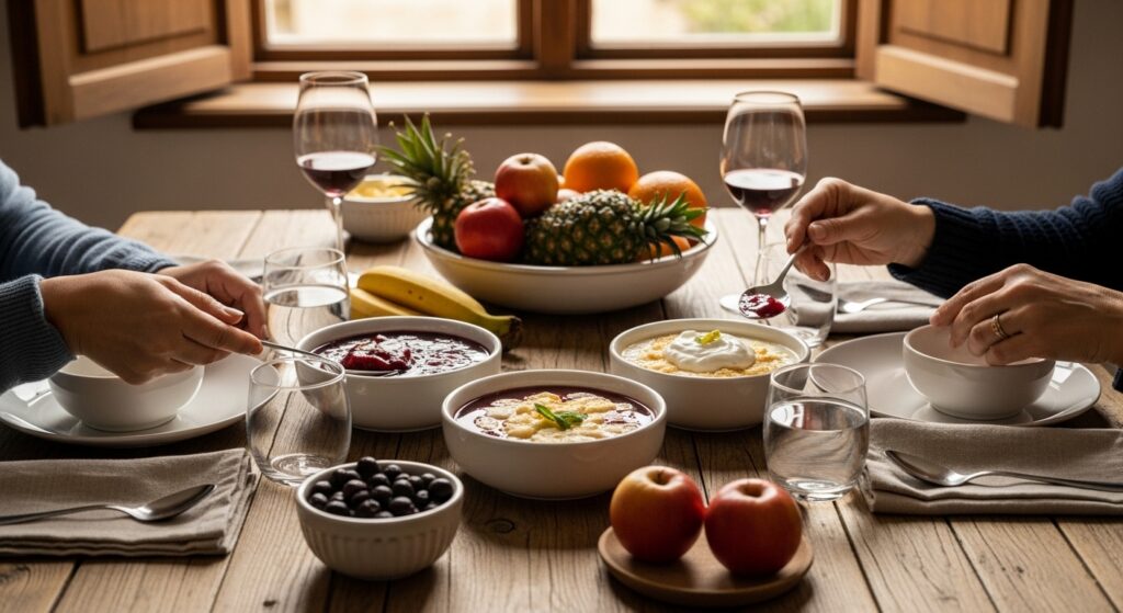 Mesa de inverno com bowls de sagu de vinho e mãos familiares servindo sobremesa