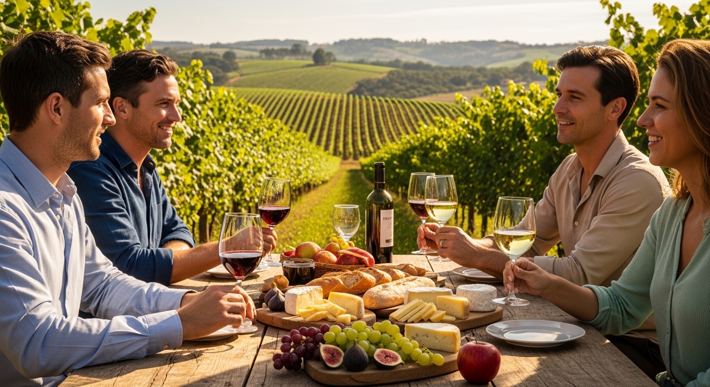 Turistas degustando vinhos e pratos regionais em vinhedo ensolarado