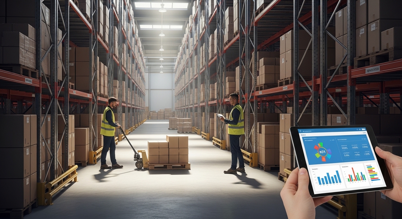 Operador usando paleteira manual em moderno armazém de e-commerce
