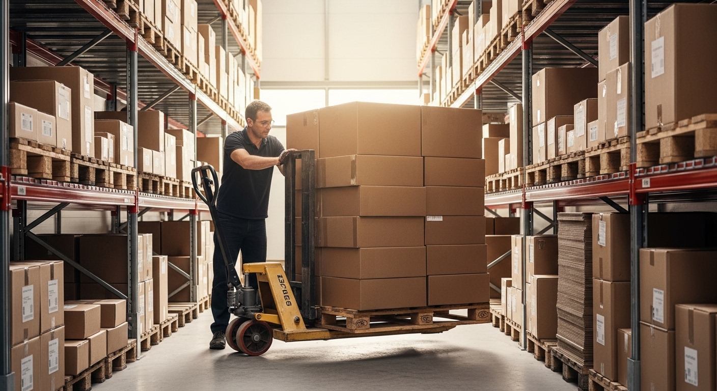 Transpaleta manual movimentando caixas em estoque organizado