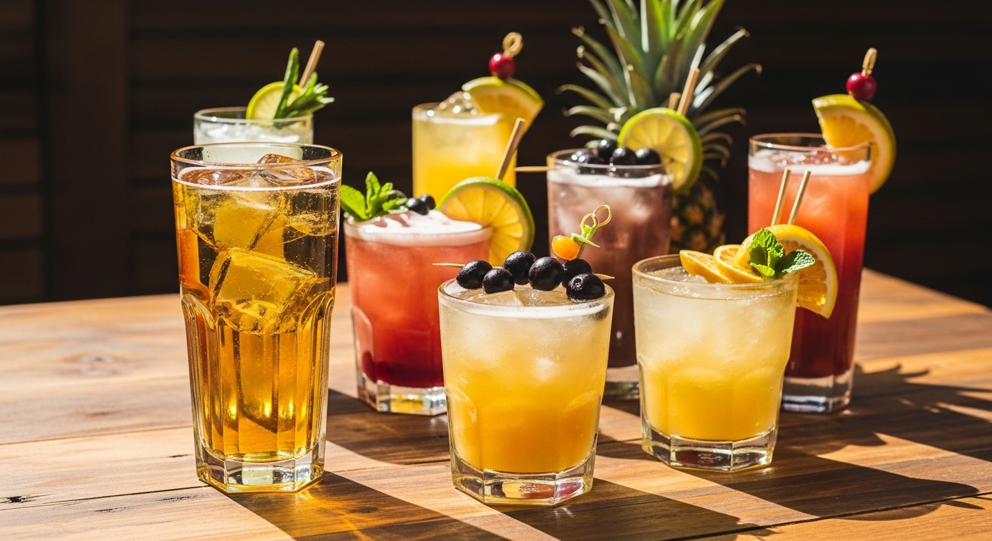Mesa com bebidas brasileiras variadas incluindo chopp de vinho e drinks de frutas tropicais