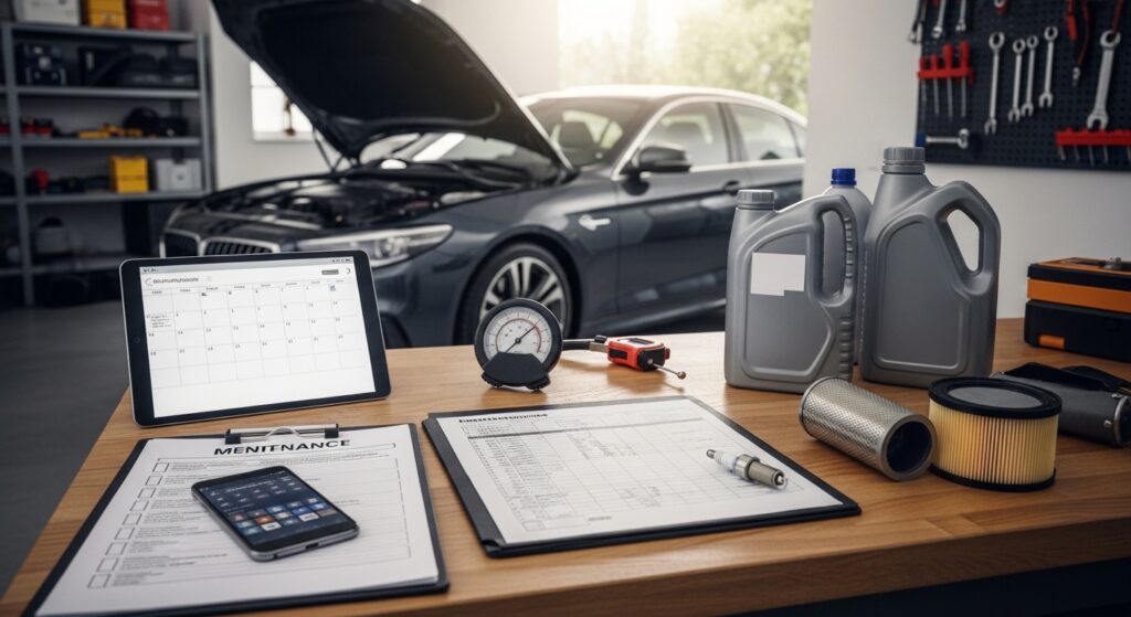 Itens de manutenção de carro organizados em mesa com checklist e calendário