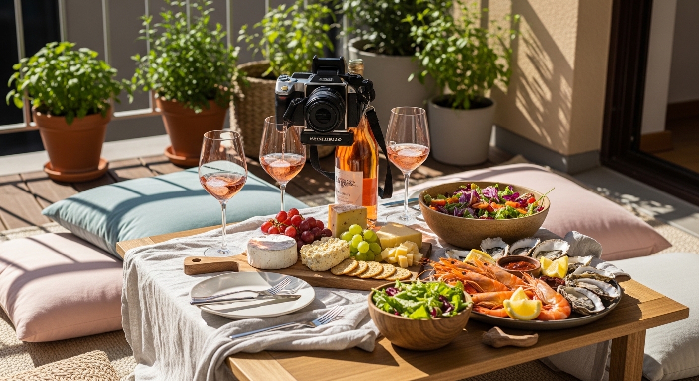 Piquenique elegante em varanda com vinho rosé, saladas, queijos e frutos do mar