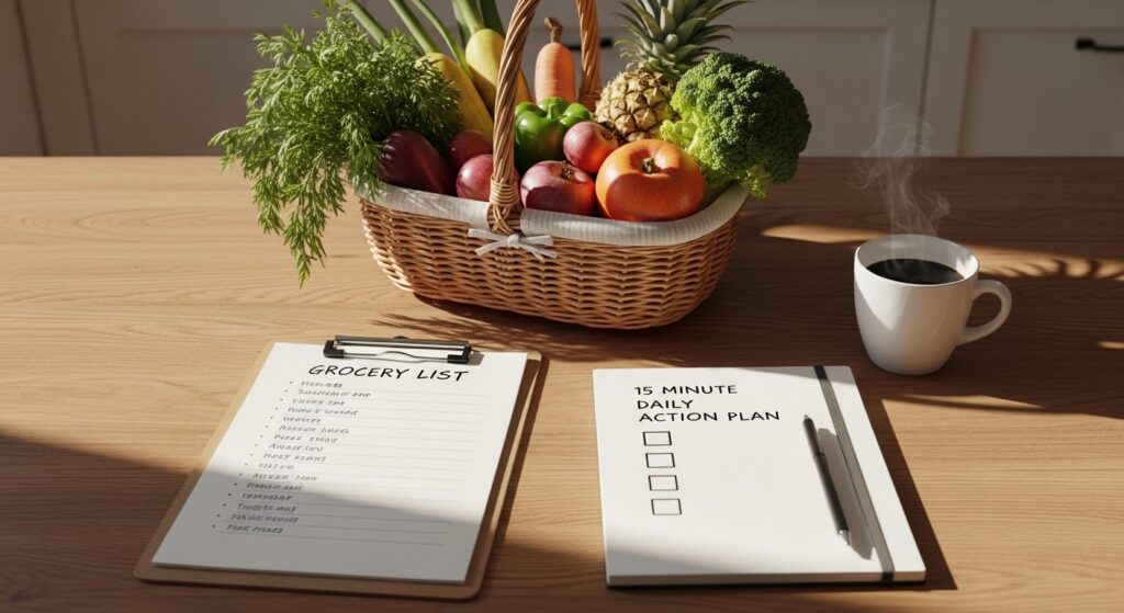 Cesta de frutas sazonais e lista de compras minimalista em cozinha iluminada