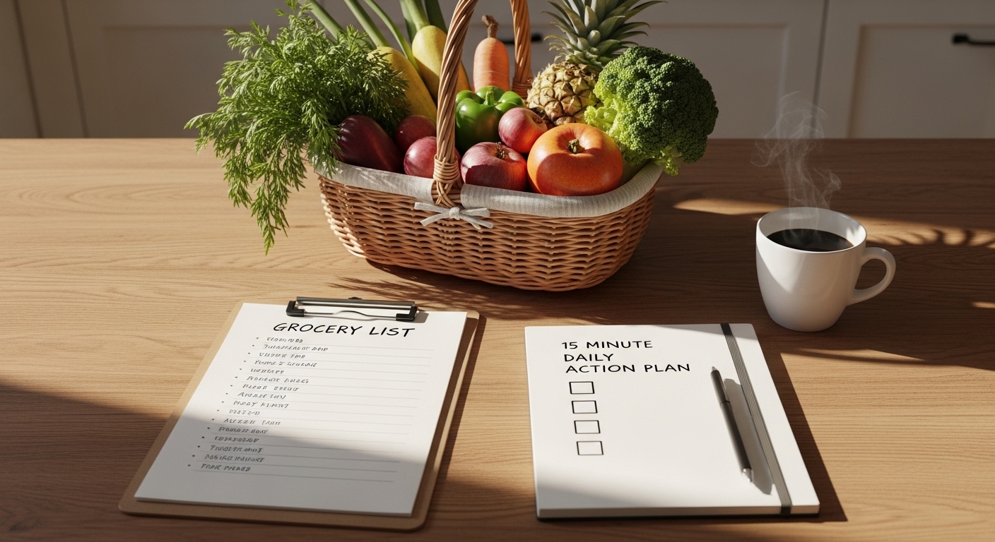Cesta de frutas sazonais e lista de compras minimalista em cozinha iluminada