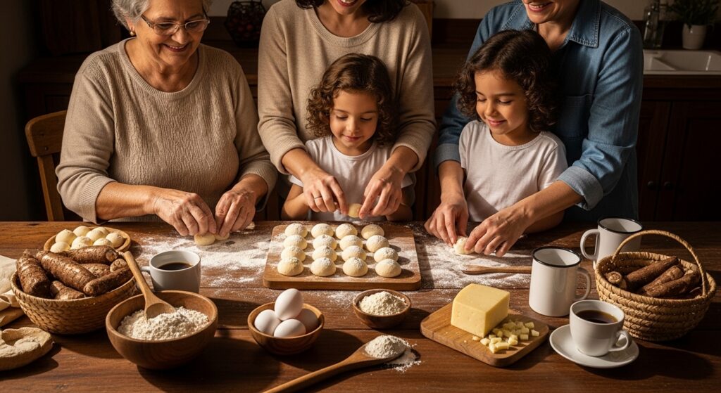 Família preparando e saboreando pão de queijo com fécula de mandioca