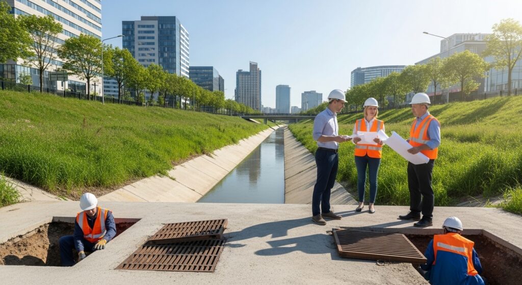 Planejador urbano vistoriando drenagem e renaturalização de rio em cidade moderna