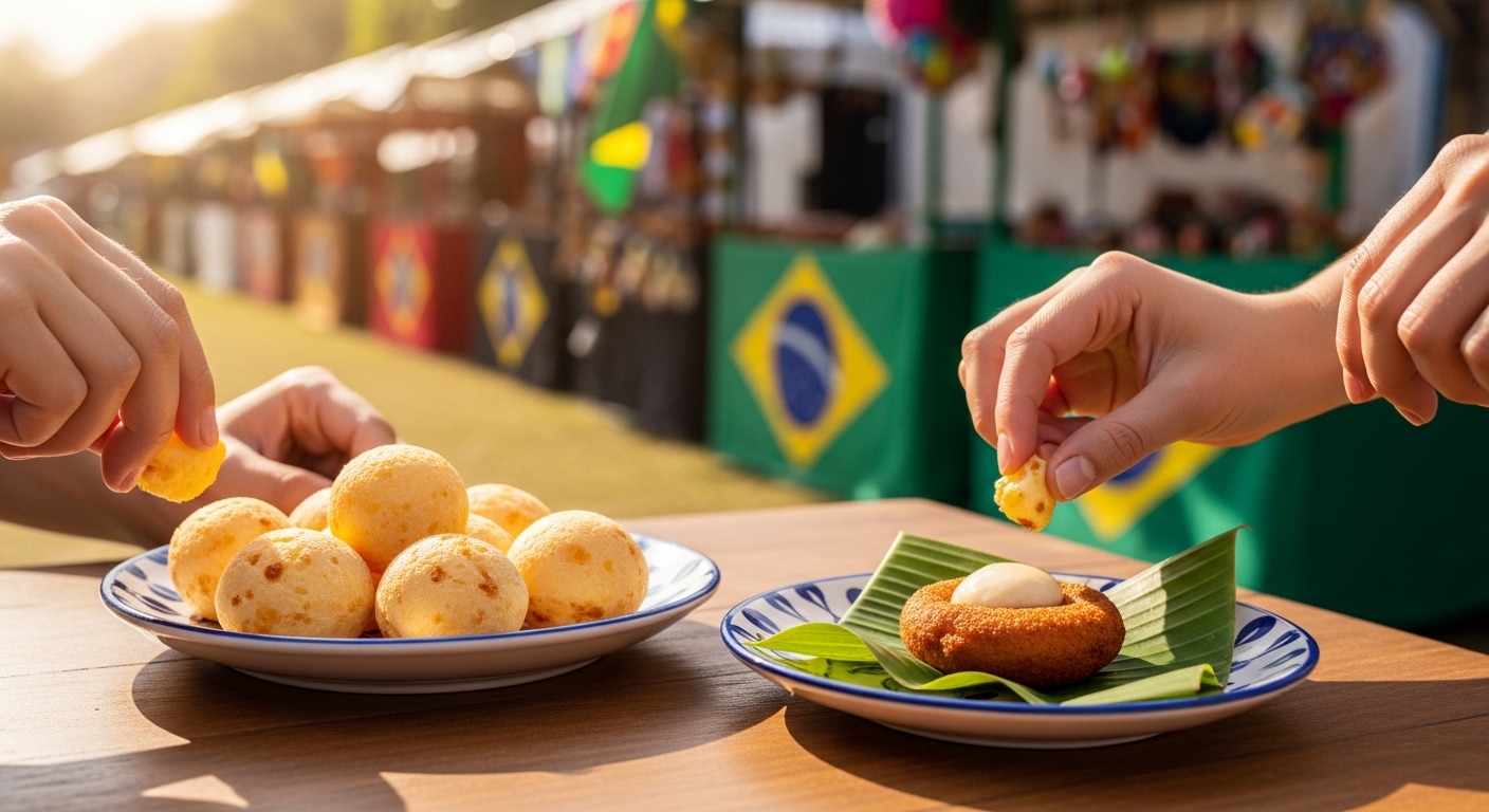 Turistas provando pão de queijo e acarajé em festival gastronômico ao ar livre