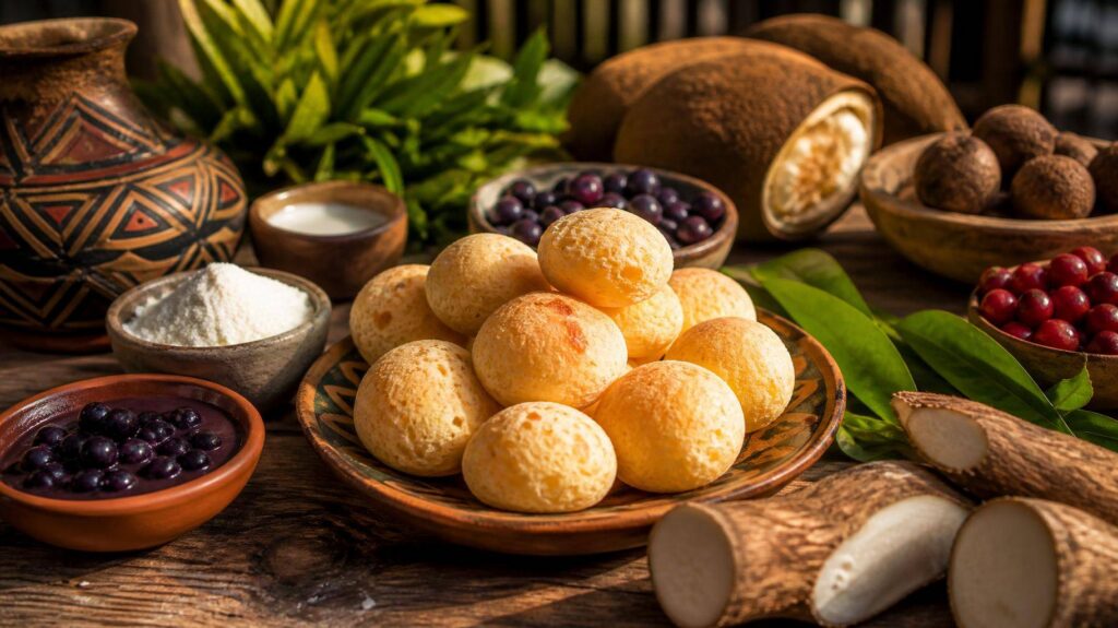 Mesa rústica com pão de queijo e iguarias regionais brasileiras