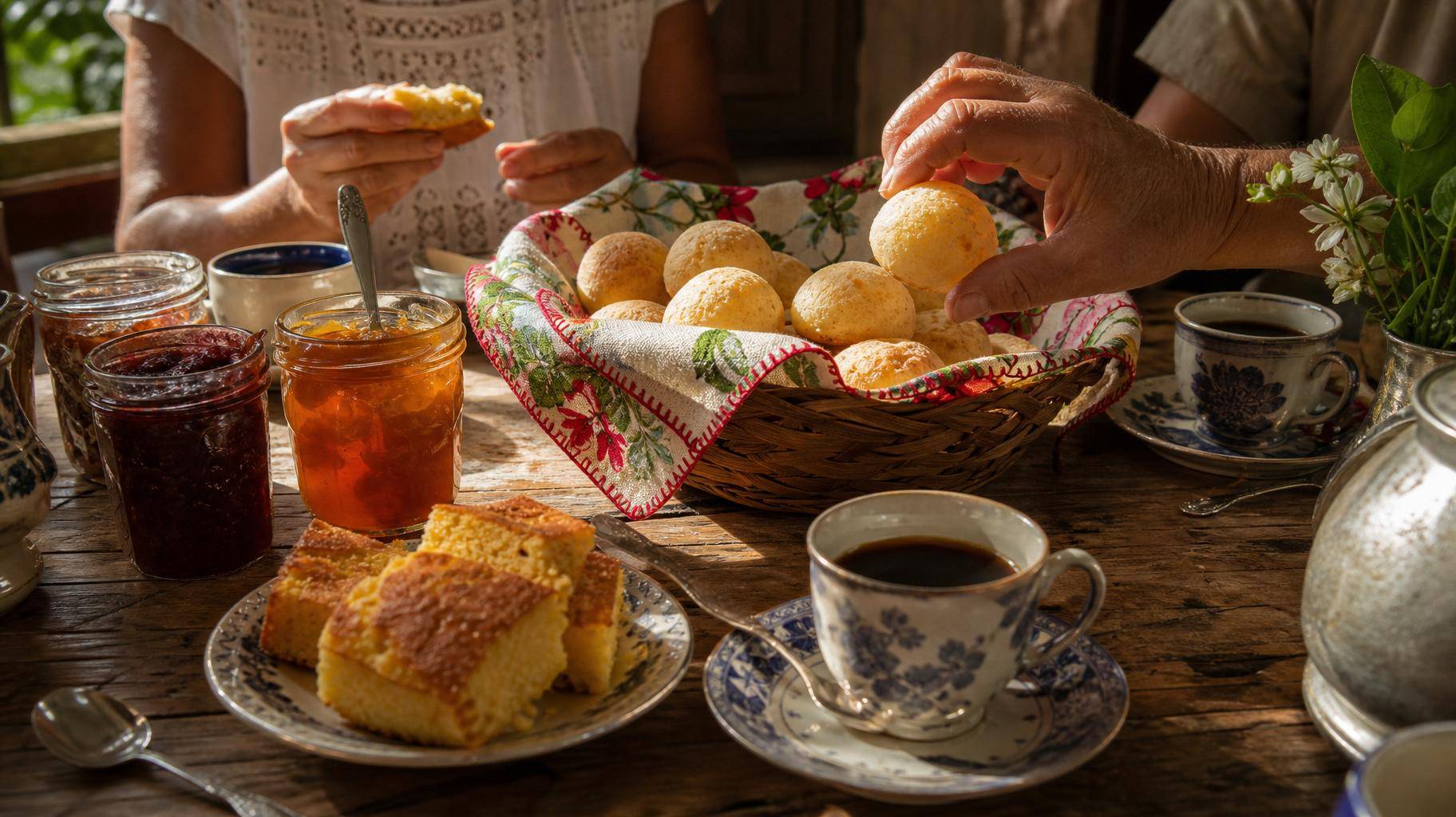 Mesa de café da tarde com bolo de fubá e pão de queijo iluminada por luz natural