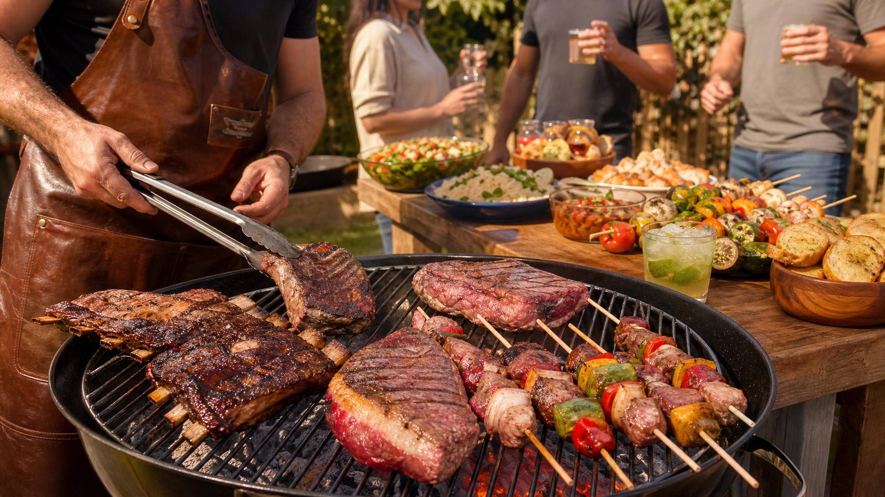 Churrasco brasileiro com cortes variados na grelha em um jardim ensolarado
