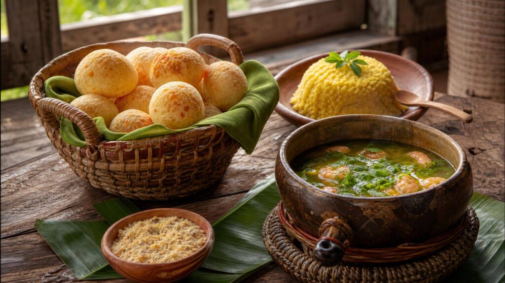 Mesa rústica com pão de queijo, cuscuz e tacacá em ambiente acolhedor